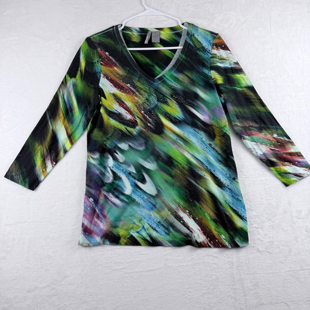 New Directions Top Abstract Rhinestone V-Neck Green Blue Multi Size L